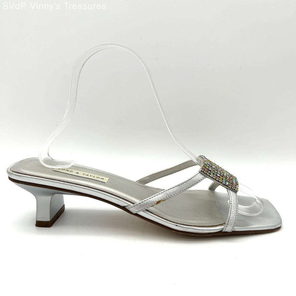 Lord & Taylor Palace Silver Rhinestone Kitten Heel Slide Sandals Size 9M